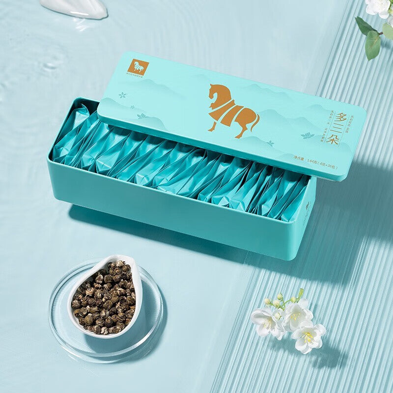 Ba Ma Tea Industry has three special roasted green jasmine tea, Dragon Ball flower tea, and tea leaves in a single box of 144g