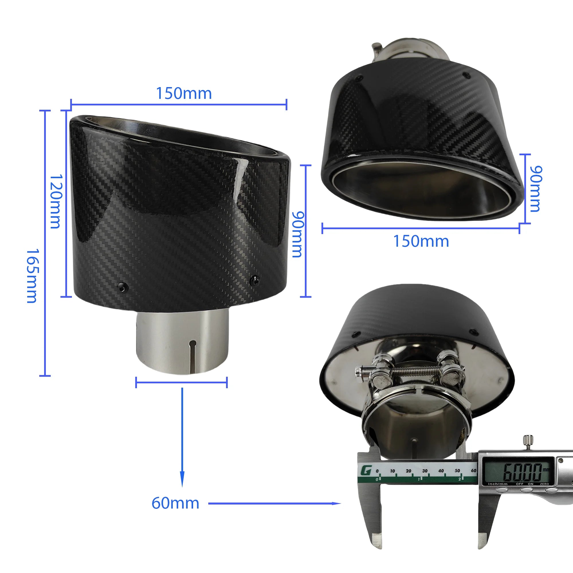 1Pcs Universal Car Glossy Carbon Fiber Muffler Tip Exhaust Pipe Nozzle Decoration Stainless Silver Oval 150mm Tilting Left Right