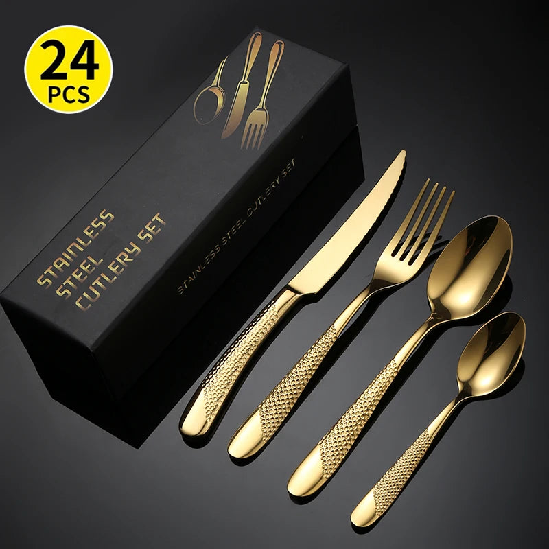 Gold plated 24pcs Cutlery set fashion middle east and Europe cutlery stainless steel black color 24pcs set with gift box
