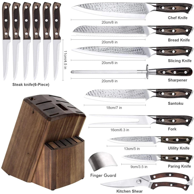 16-Piece Stainless Steel Knife Set with Built-in Sharpener and Wooden Block