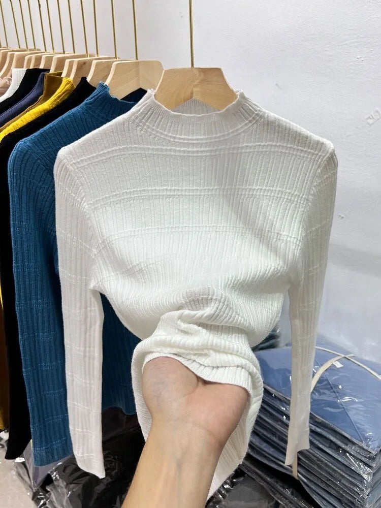 Knitwear Manufacture Autumn Winter Fashion New Korean Slim High Neck Long Sleeved Sweater Women Knitted Pullover Basic