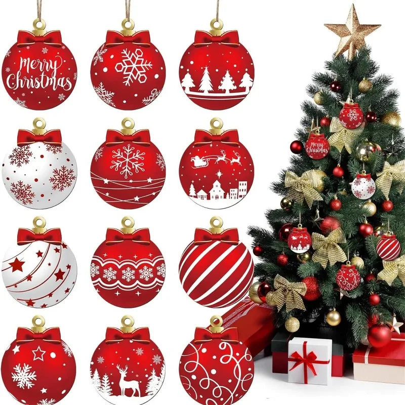 12PCS Wooden Christmas Tree Ornaments Set 2D Wood Christmas Tree Hanging Kits Home Party Holiday Wooden Ornaments For Crafts