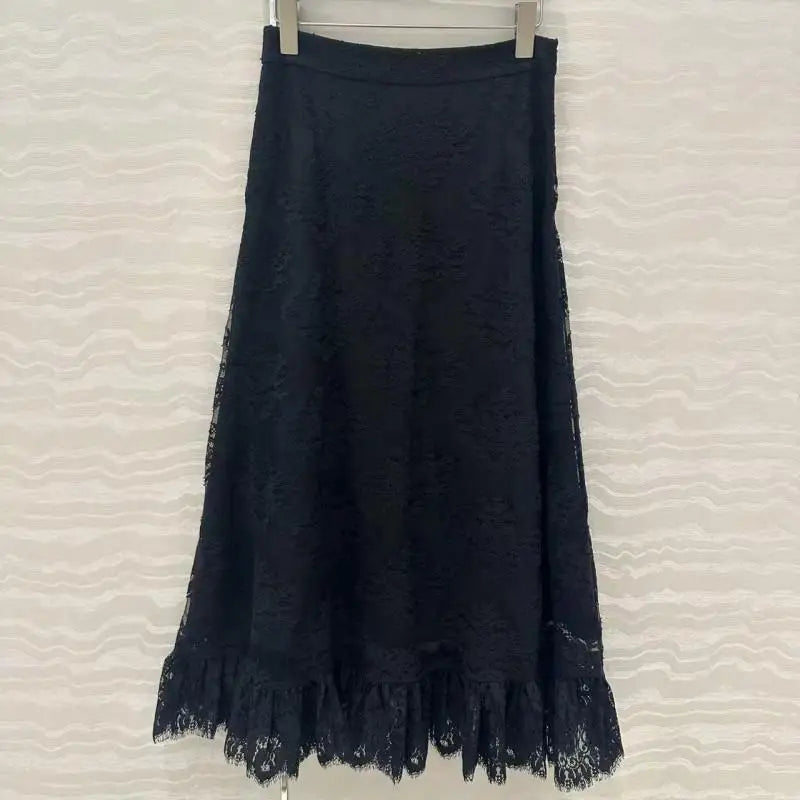 25-year-old summer new style lace-trimmed A-line high-waisted slimming long dress with skirt hem