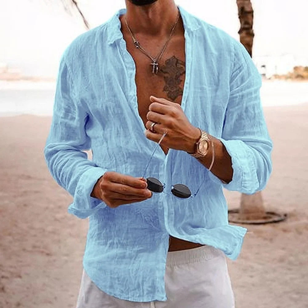 men casual wear Hot Sale New Men's Solid Long-sleeve Casual Shirts Comfortable Cotton Linen Loose Vacation Beach Blouses Men Retro Cardigan Tops