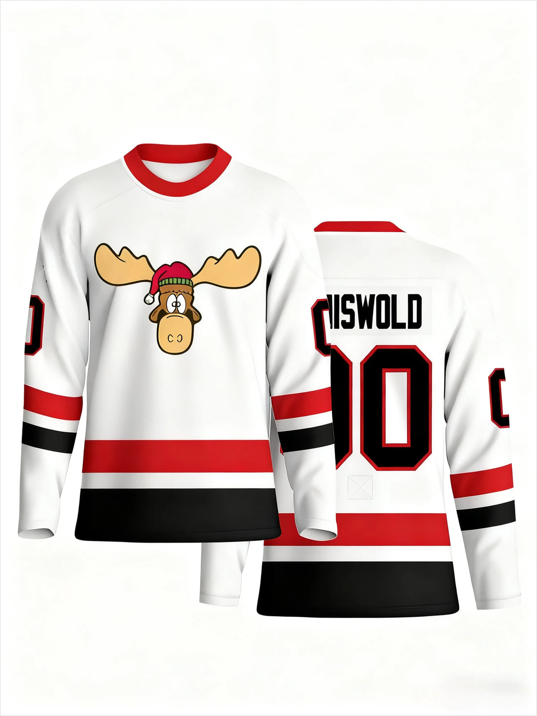 100%POLYESTER HOCKEY JERSEY Christmas - Themed Hockey Jersey  White with Red & Black Stripes Cartoon Moose Logo "Griswold 00" Print Festive Athletic Jersey