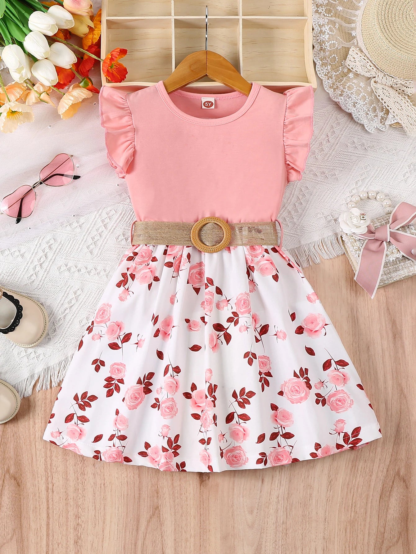 Girl's casual romantic floral print with ruffled edges and small flying sleeves, waist cinching dress (including belt), summer