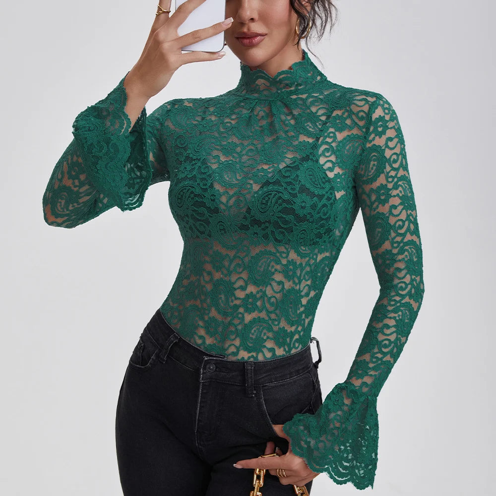 Women's TOP Anfilia Women Lace Shirts Turtle Neck Elegant Flare Long Sleeves Hollow Out Slim-fit Crochet Sexy Blouse