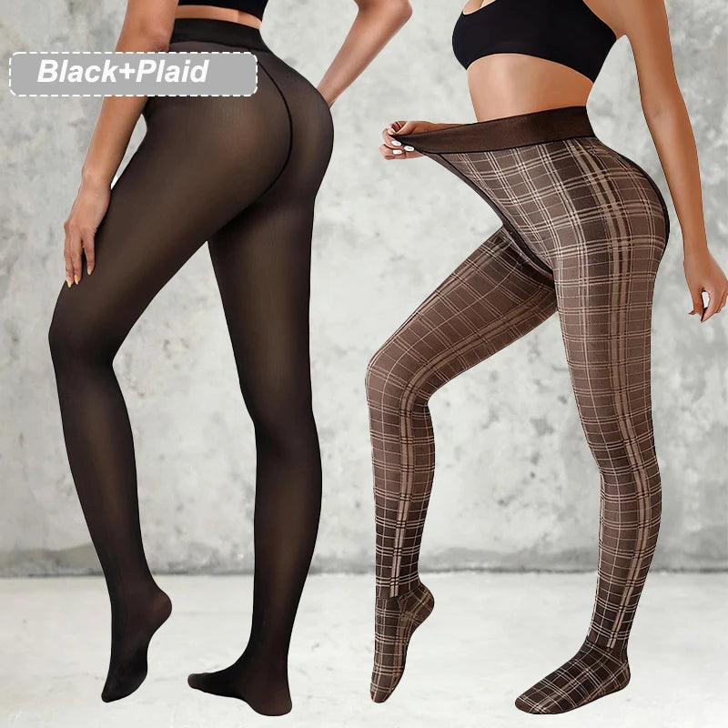 women leggings 2 Packs Women Fleece Lined Leggings Outfit Fake Translucent Black Tights Seamless Pantyhose Butterfly Leopard Jacquard Design