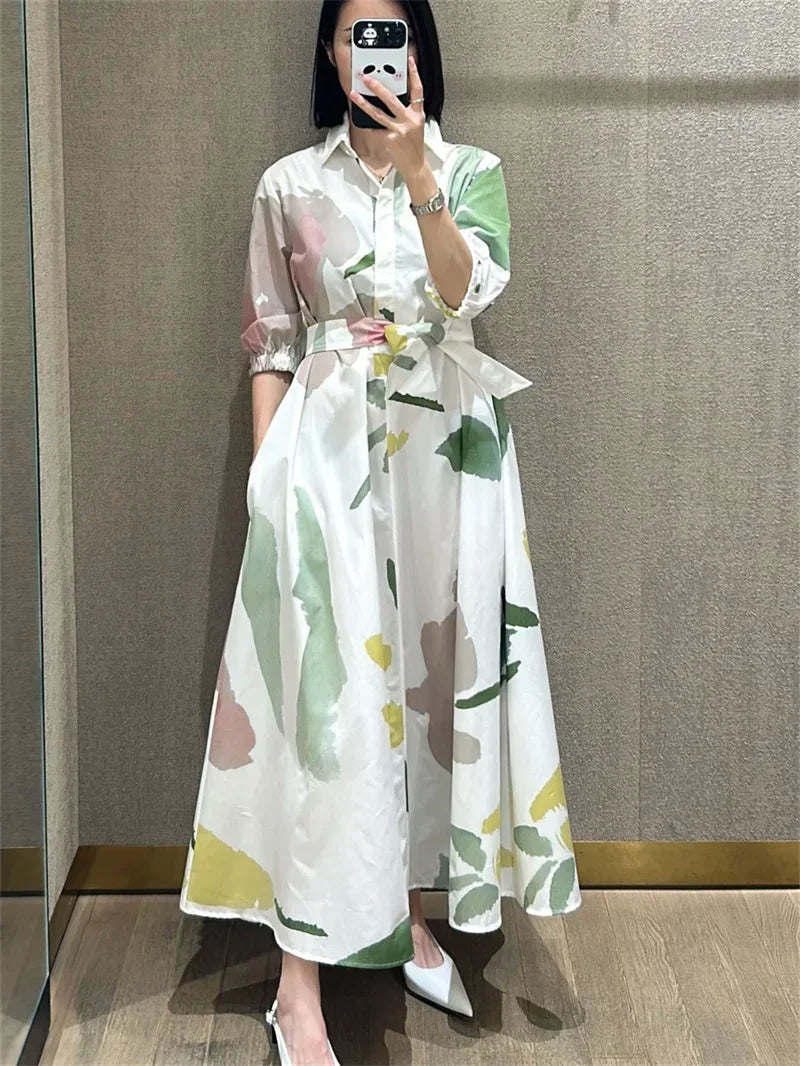 100% Cotton Women's Fashion Contrast Printed Single Breasted Dress Half Sleeve Female High Waisted A-Line Robe with Belt