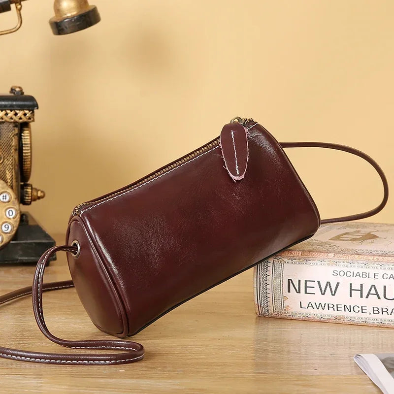 Lady Cowhide Genuine Leather Popular Cylinder Bags Women Retro Trendy Messenger Bag Female Designer Shoulder Handbag for Ladies