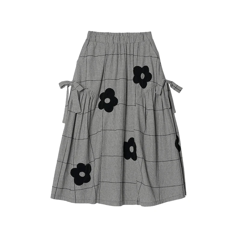 Half length skirt 2025 imakokoni summer Japanese style loose cotton linen plaid plush applique skirt 255010