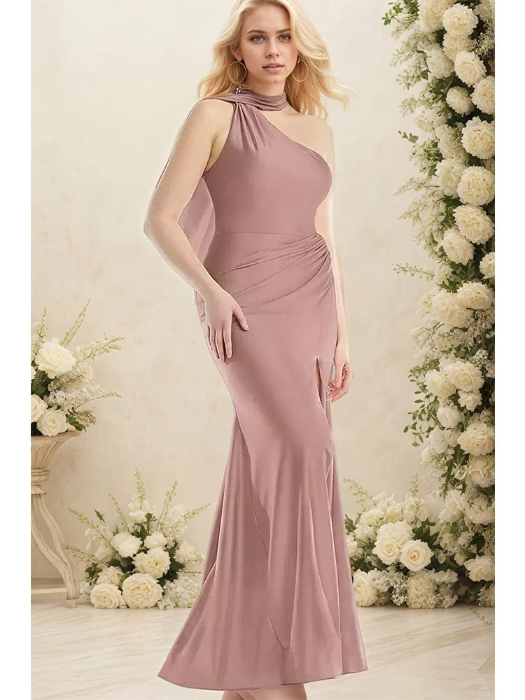 Women's Plus Size Evening Dress One Shoulder Scarf Collar Elegant Party Wedding Cocktail Maxi Dress Backless Mermaid Silk Dress