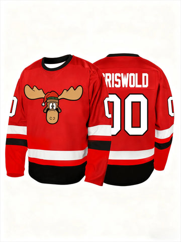 100%POLYESTER HOCKEY JERSEY Christmas - Themed Hockey Jersey  White with Red & Black Stripes Cartoon Moose Logo "Griswold 00" Print Festive Athletic Jersey