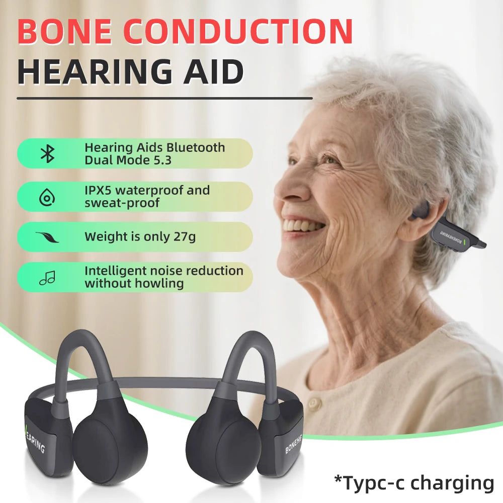 Bone Conduction Bluetooth Hearing Aid Does Not Harm the Ears IPX5 Waterproof Noise Cancelling Hearing Aid  Open Ear Design