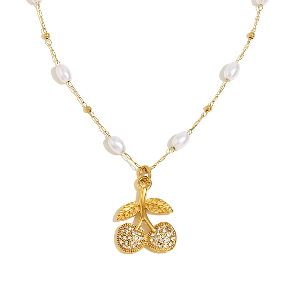 E.B.belle Fashion Imitation Chain Red/White Cherry Pendant Necklace PVD Plated Stainless Steel Women Neck Jewelry