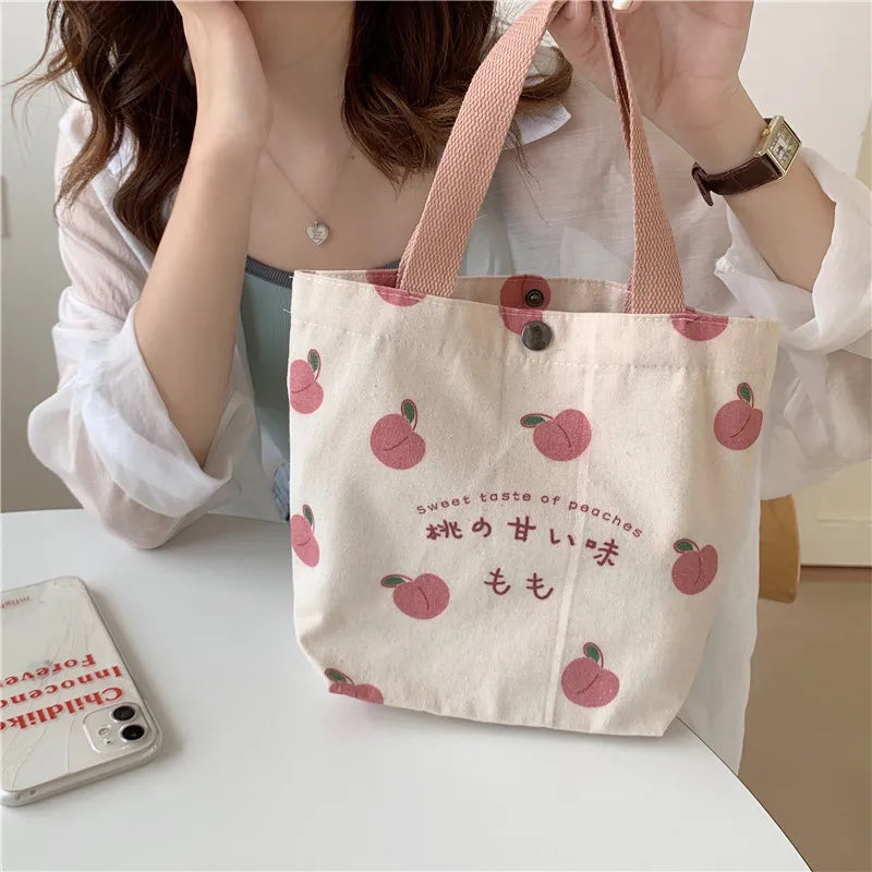 OTE BAG/COTTON/FOR HANDBAG Small Canvas Women Tote Food Bag Japanese Peach Hand Lunch Bag Korean Mini Student Handbags Cotton Cloth Picnic Travel Bento