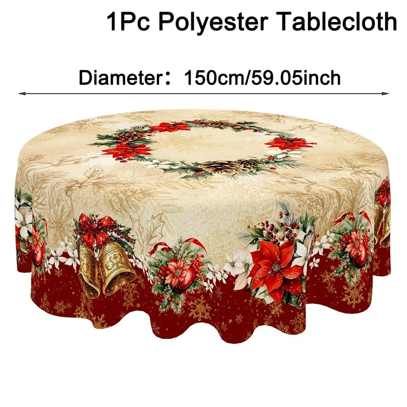 Vintage Christmas Tablecloth Poinsettia Bell Table Cover Christmas Decorations for Home 2025 Xmas Gifts Navidad Noel New Year