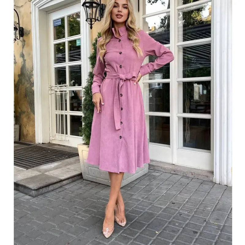 women DRESS 2025 Spring New Fashion Women's Casual Trendy Solid Color Stand Collar Long Sleeve Mid Calf Length Single Breasted Dress Female