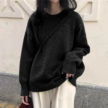 Women's dress Chic Red O-neck Pullover Sweater For Women Elegant Long Sleeves Casual Loose Knitted Tops 2025 Autumn Lady New Fashion