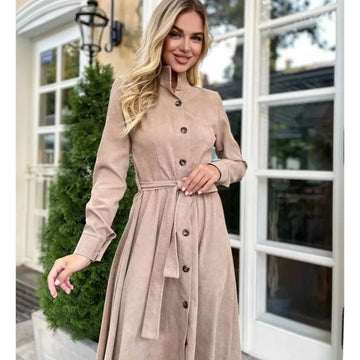 women DRESS 2025 Spring New Fashion Women's Casual Trendy Solid Color Stand Collar Long Sleeve Mid Calf Length Single Breasted Dress Female