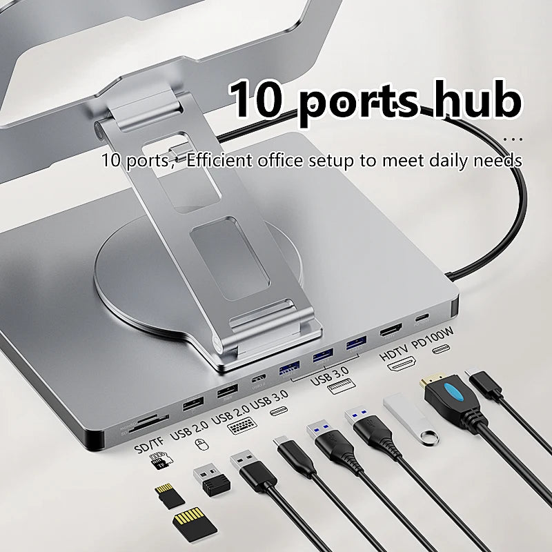 USB HUB Blueendless Aluminum ipad Holder 10 in 1 docking C hub 4K 60Hz Type C Adapter USB3.0 5Gbps 100W PD Charger For Laptop desktop