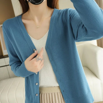 WOMEN WOVEN TOP Women Cardigans V-neck Long Sleeve Knitted Outerwear Solid Thin Spring Autumn Sweaters Knitwears Korean Fashion Red Cardigans