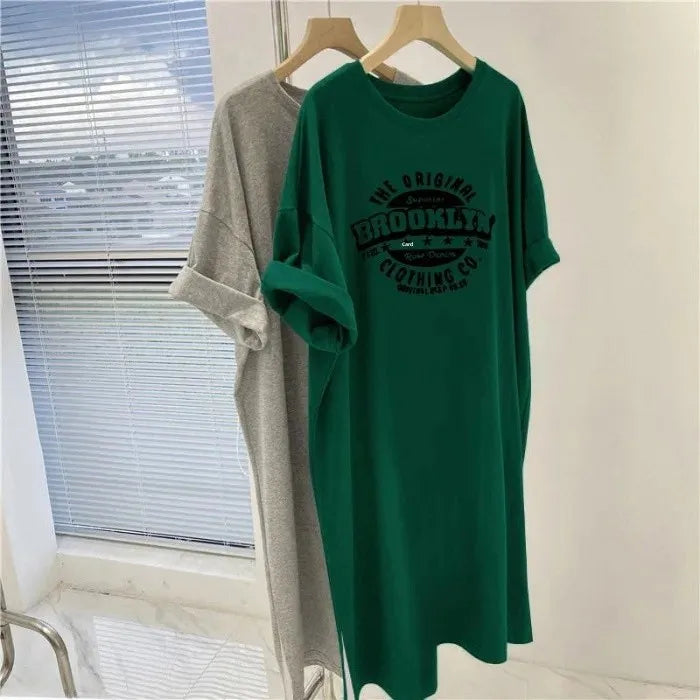 Plus Size Women's Summer Korean-Style Loose-Fit Short-Sleeve Printing T-Dress Casual Long Dress Medium-Length Side Slit Slimm...
