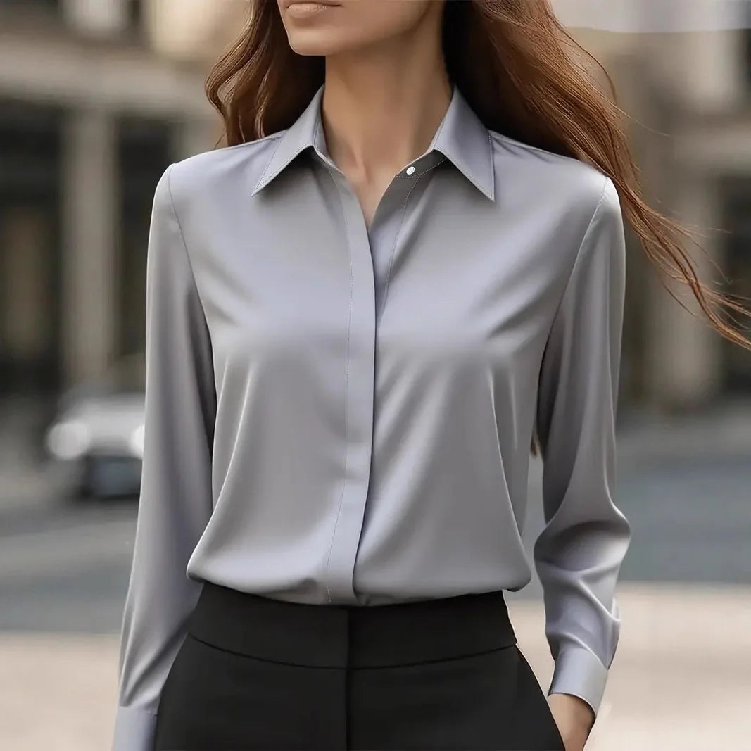 Women's Solid Color Long Sleeve Shirt - Versatile Basic Blouse, Classic Office Wear Tops