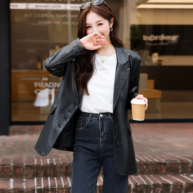 THEME 21 Women Super Leather Coats New Fashion Single Breasted Quality Blazer Good Soft Handfeel Jacket 2025 Fall/Winter Women's