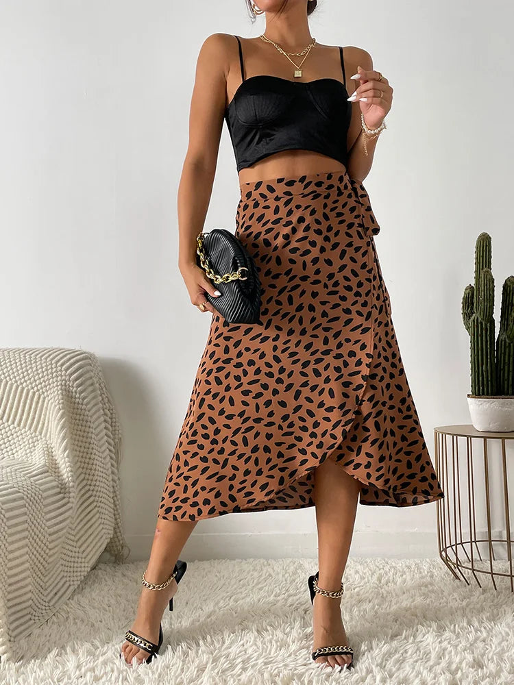 Benuynffy Boho Women Casual Print Tie Side Wrap Skirt Elegant High Waist Female Summer Asymmetrical Knee Length A-Line Skirts