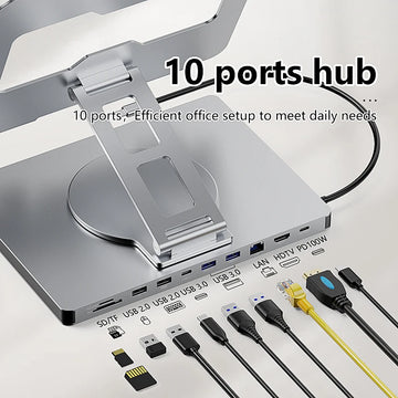USB HUB Blueendless Aluminum ipad Holder 10 in 1 docking C hub 4K 60Hz Type C Adapter USB3.0 5Gbps 100W PD Charger For Laptop desktop