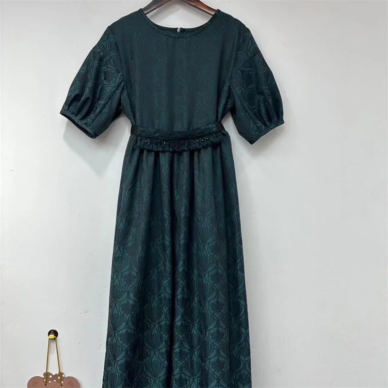 Tassel Beaded Belt Women Retro Jacquard Midi Dress Round Neck Short Puff Sleeve Ladies Slim High-Waisted A-Line Robe