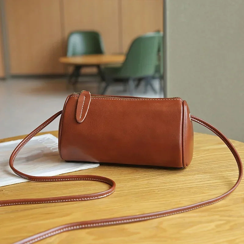 Lady Cowhide Genuine Leather Popular Cylinder Bags Women Retro Trendy Messenger Bag Female Designer Shoulder Handbag for Ladies