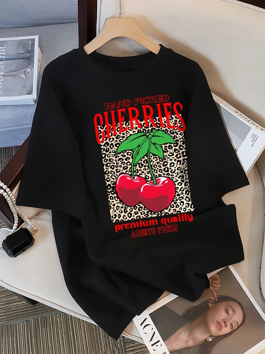 T-shirt with Hand Picked Cherry Print for Women T-shirts with Round Neck Loose Summer Clothing Short Sleeve Multicolor