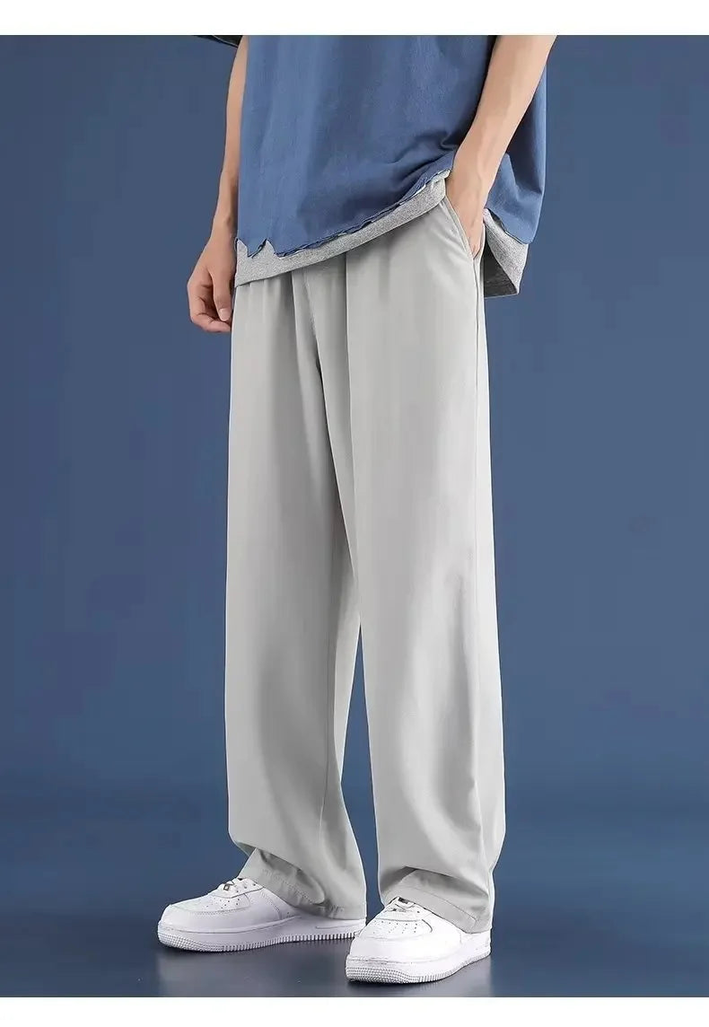 Trendy Loose-Fit Men's Casual Pants Summer Thin Style Ice Silk Long Pants Elastic Straight Leg Quick Dry Plus Size