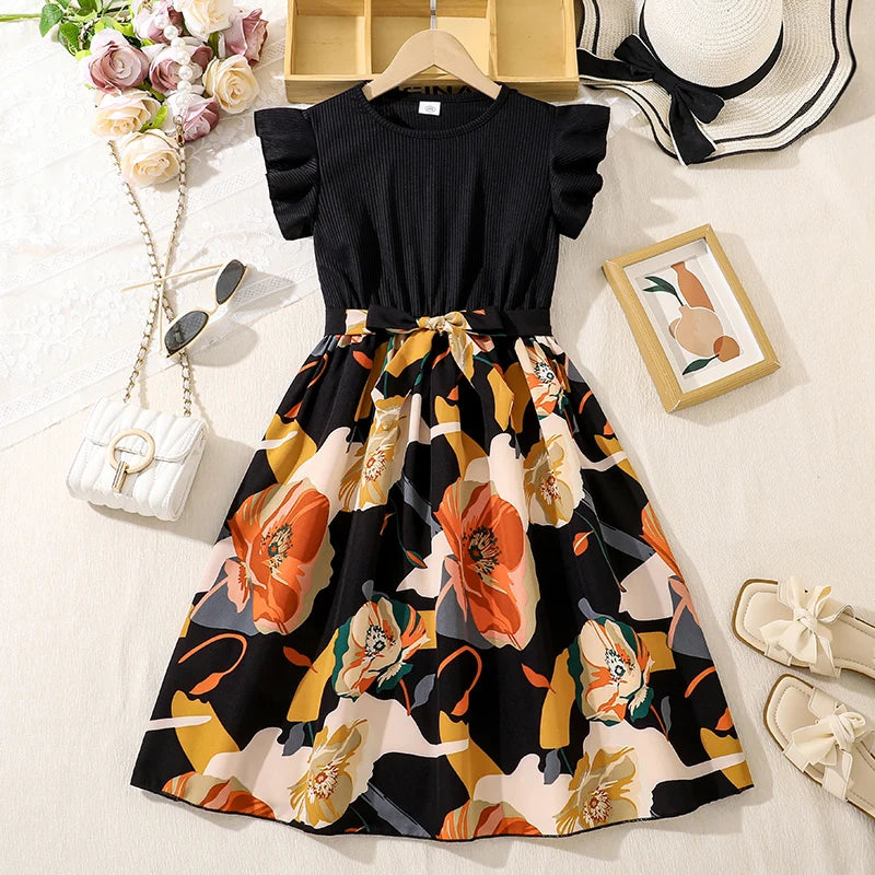 Girls Dress Black Knitted Belted Patchwork Printed Dress Vintage Style Trendy Tween Girls Dress Daily Outgoing Baptism Clothes