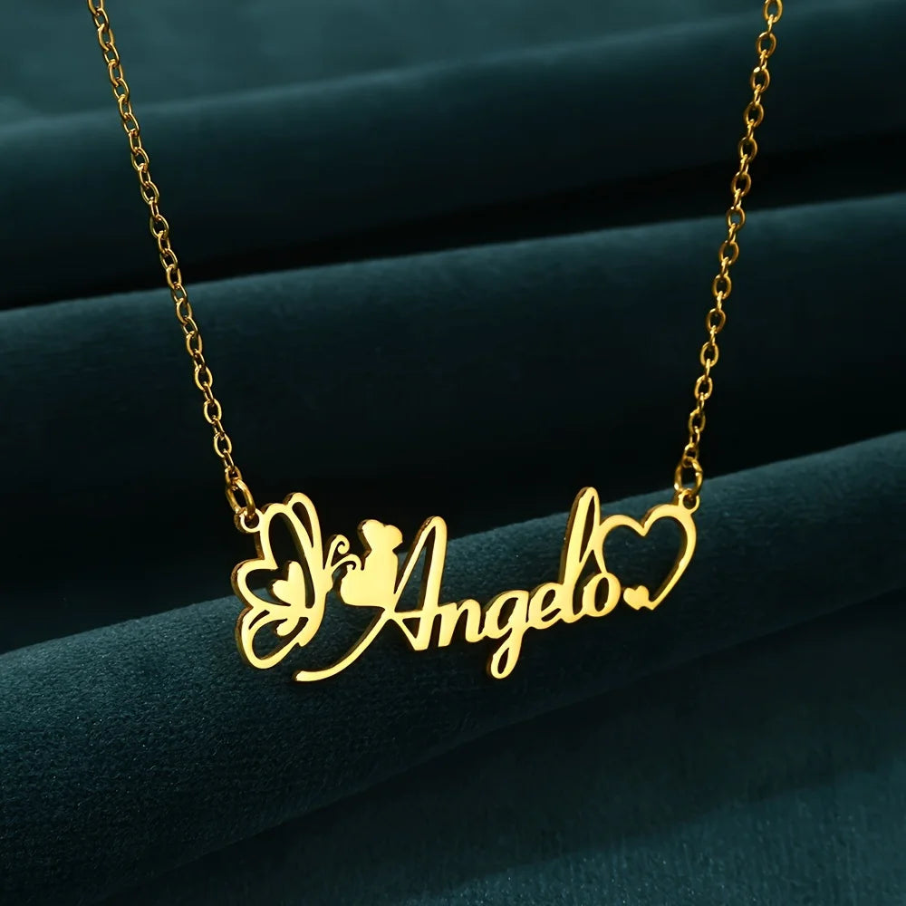 Customized Personalized Gold Butterfly Love the heartPendant Necklace Simple Charming Stainless Steel Jewelry Mother's Day Gift