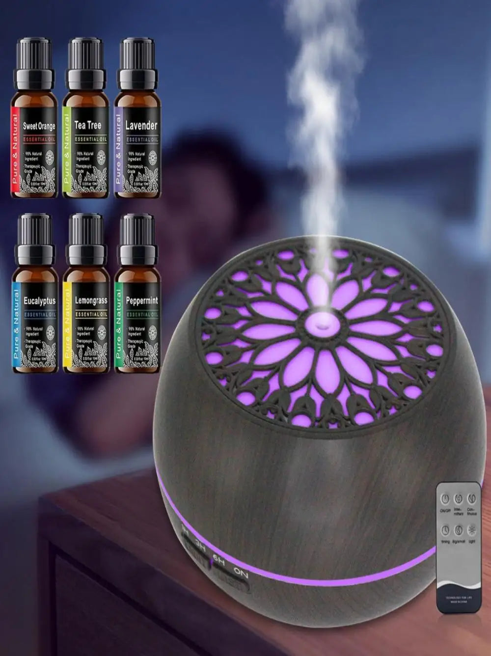 SCENT DIFFUSE 550ml Aroma Diffuser with 6 Oils, Remote Control, 7 Colors Light & Timer for Large Room