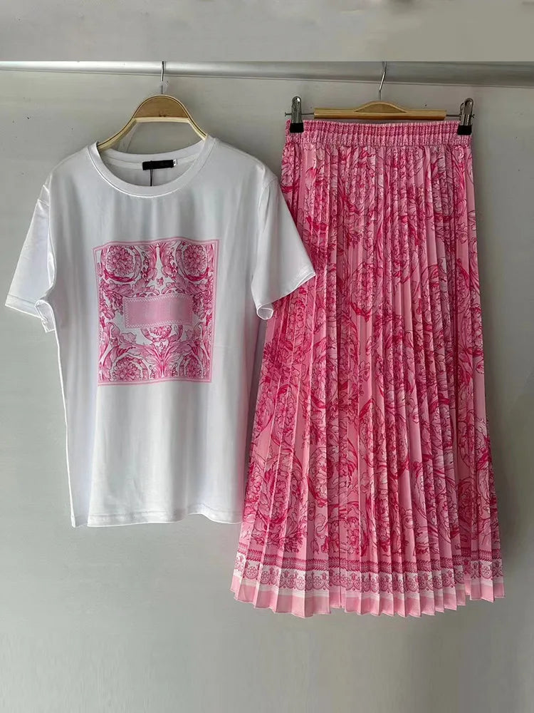 Women's Retro Geometric Print Straight Neck Short Sleeved Two-piece Set+high Waist Loose Pleated Skirt 2025 Summer Fashion Set