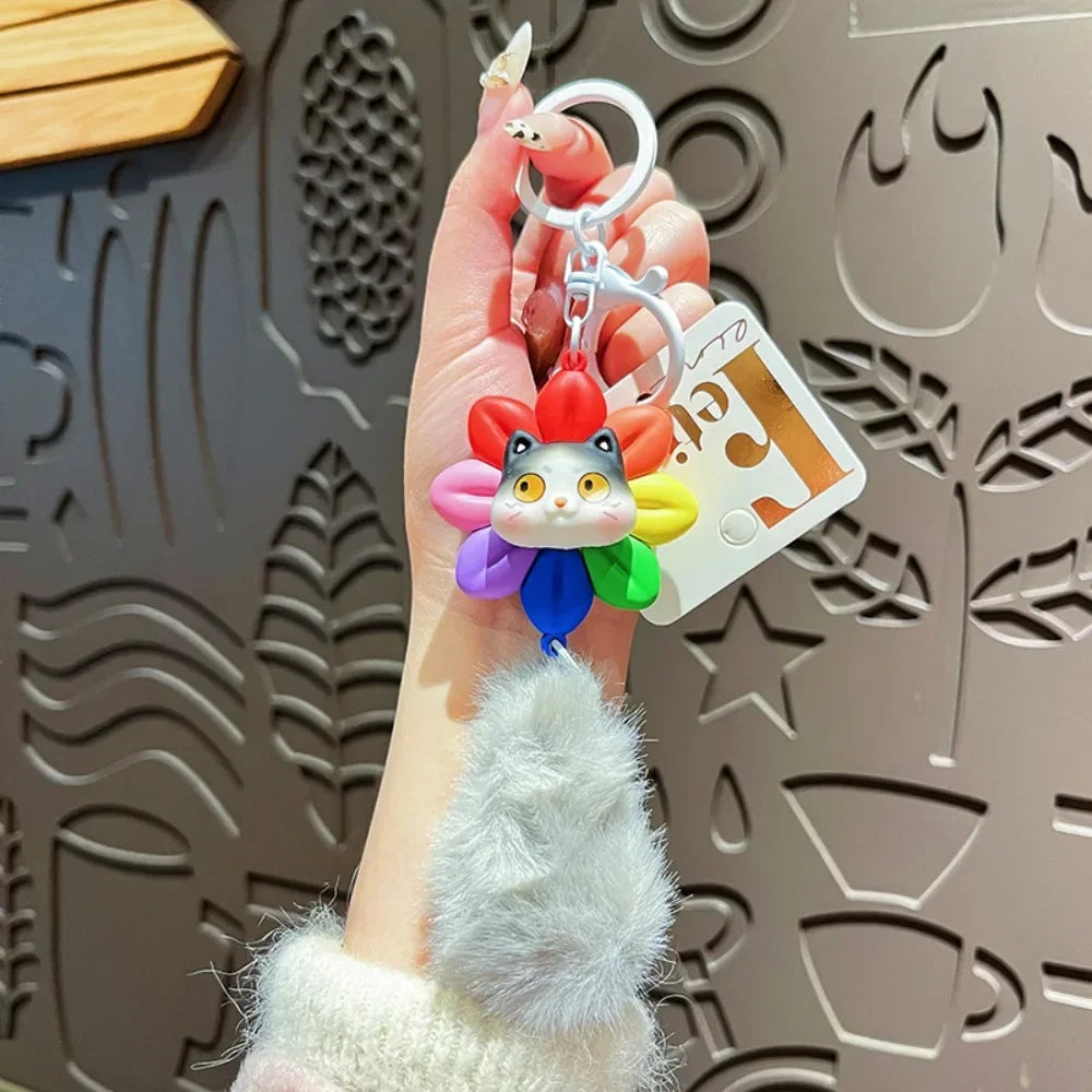 PVC BALL KEYRING  Creative Rotatable Cat Keychain Good Luck with Fur Balls Car Keyring PVC Cartoon Bag Accessories Girls